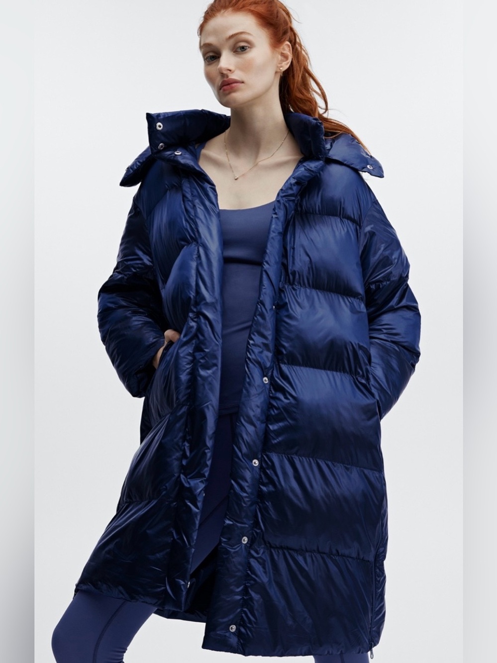 FABLETICS Adeline Shine Oversized Long Puffer Coat Deep Cobalt Shine W Sz. Med